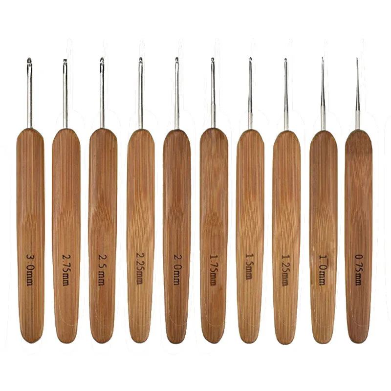 Hotsale A Set of 10 Bamboo Handle Stainless Steel Crochet Tool Set Wool Needle Hand Crochet Hook