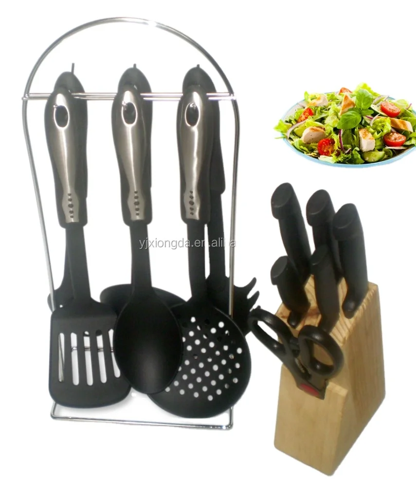 High quality Nylon Kitchen Utensils with Spatula, Tongs, Ladle, Serving Spoons-Non-Stick,with Holder