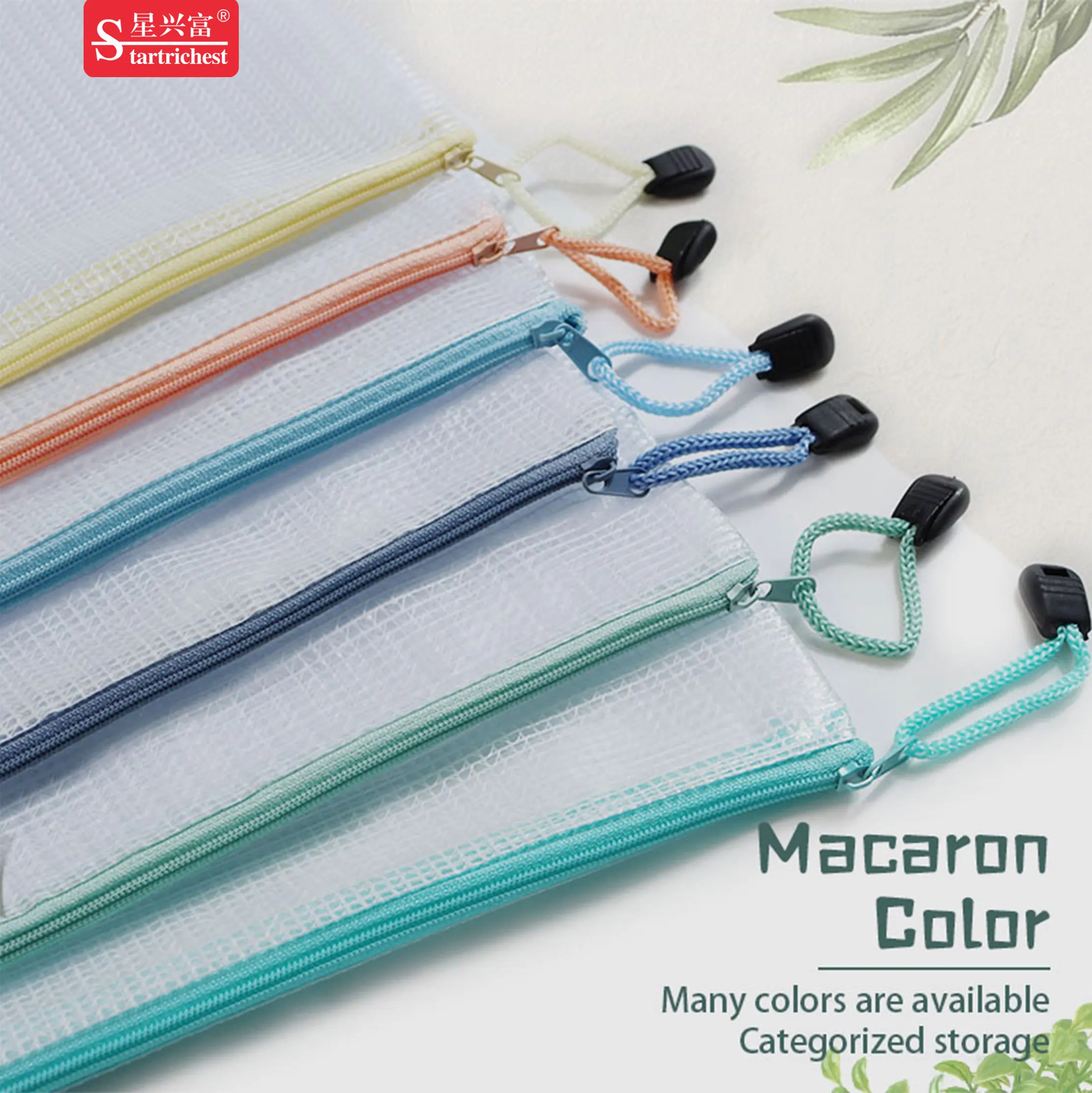 Custom Logo A4 Macaron Color Zip Lock Mesh Files Folder Clear PVC Documents Storage Bags Zipper File Bag