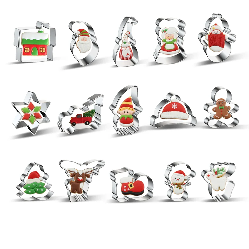 wholesale Christmas Stainless Steel Cookie Cutter Cube Christmas Cookie Stamp Cake Tool Set
