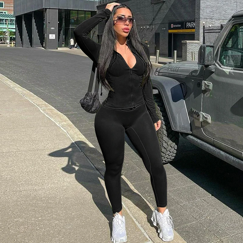 K1447 - casual long sleeve zipper top and pants two piece outfits women clothing