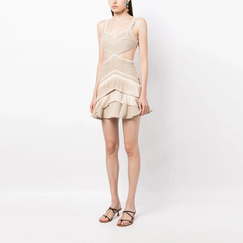 2024 Elegant Ladies Tailored Summer Fit V Neck Sleeveless Dress Casual Mini Dress Luxury Metal Cutout Tassel Dress