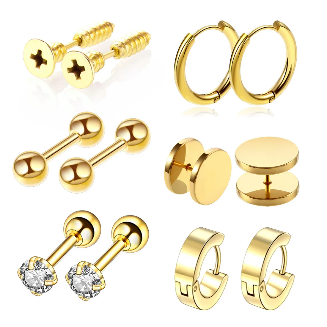 6 Pairs/Set Stainless Steel Punk Black Silver Gold Stud Earrings for Men Women Huggie Gothic Earring Ear Piercing Set