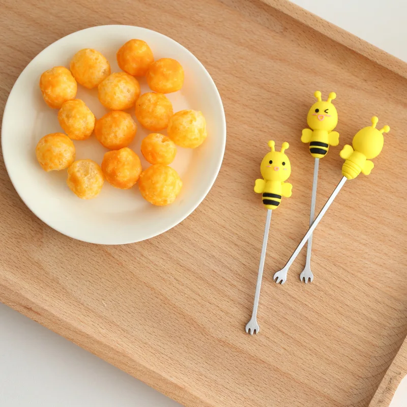 MM 7 Pcs/set Cute Cartoon Party Decoration Stainless Steel Cake Dessert Salad Forks Food Pick Bee Fruit Fork With Ceramic Holder