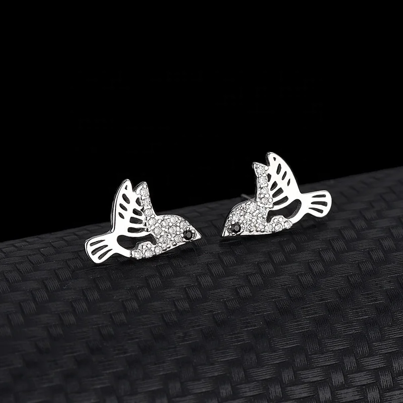 New 925 Sterling Silver Lovely Little Zircon Animal Bird Earring Custom Jewelry Stud Earrings For Women Girls