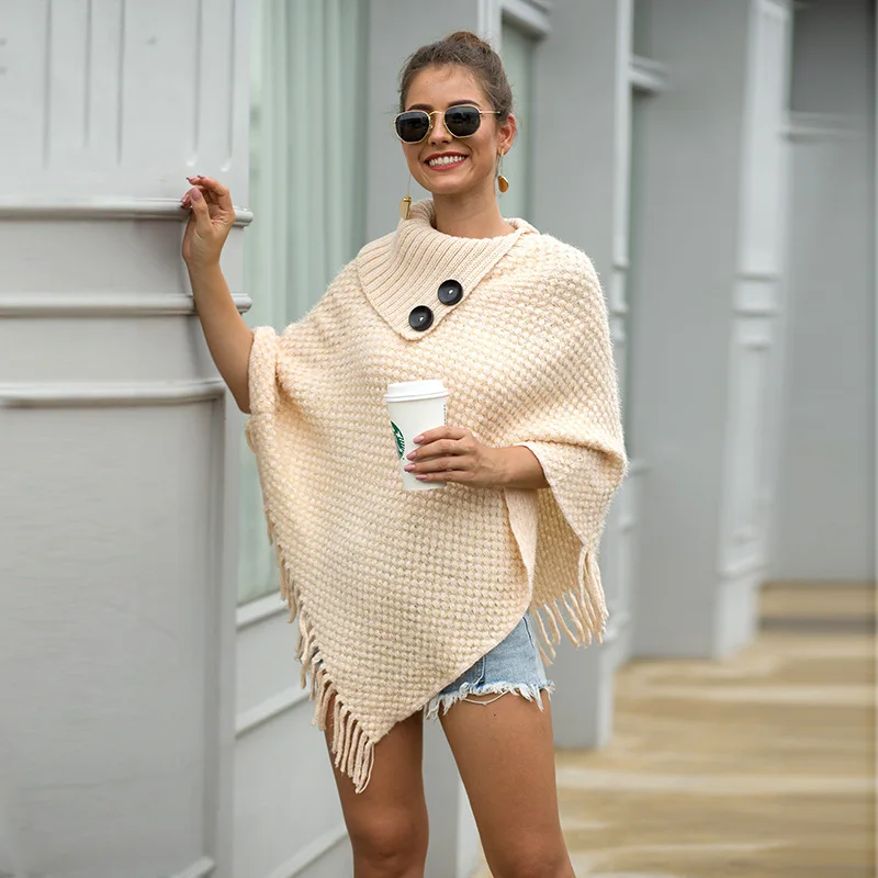 
2021 New design Half open collar solid color tassel pullover ladies sweater shawls 
