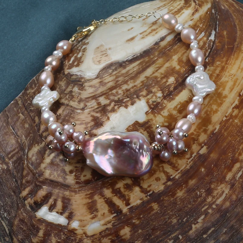 Pink Purple Real Natural Freshwater Baroque Rice Pearl Heart-shaped Star-shaped S925 Silver Bracelet For Women