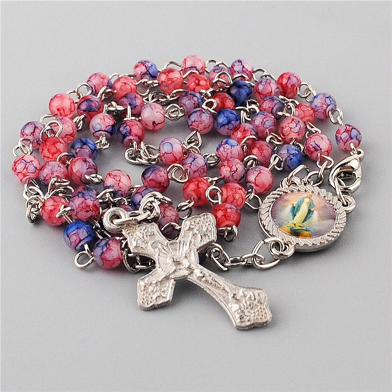 Crucifix Pendant 4mm Glass Imitate Cloisonne Beads Small Rosary Catholic Necklaces with Mini Virgin Mary Center Piece