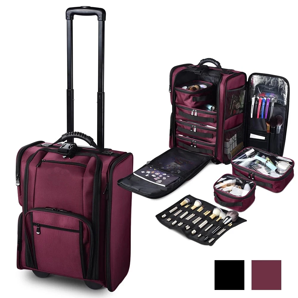 Keyson ODM OEM Professional Nylon Fabric Rolling Makeup Train Case with 6 removable cosmetic bags