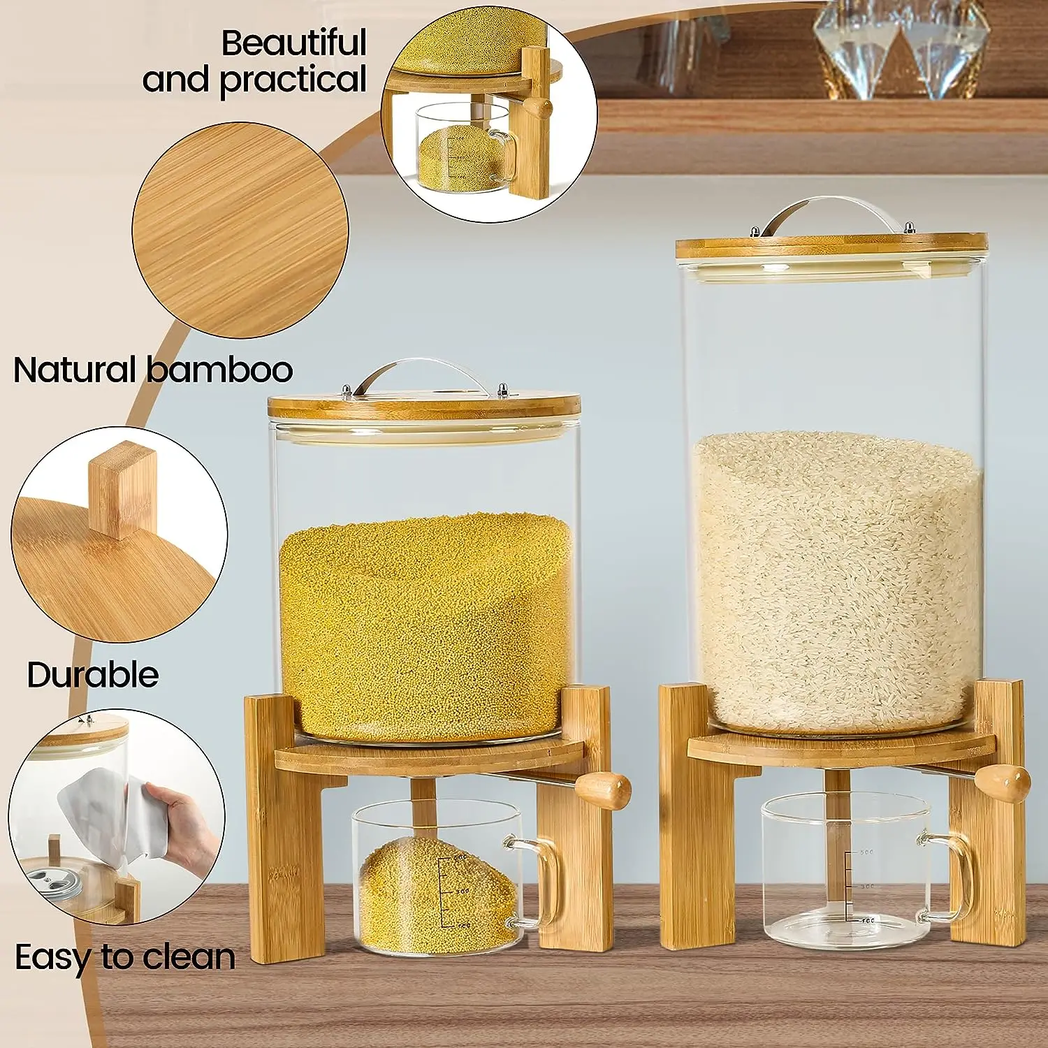 Rice Dispenser, Rice Storage Container,Flour and Cereal Container with Airtight Lid and Wooden Stand
