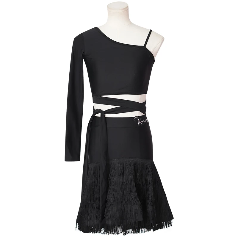Vennystyle Latin Dance Outfit Single-Shoulder Suspender Top Black Tassel Long Sleeved Half Skirt Practice Set Training Dancewear