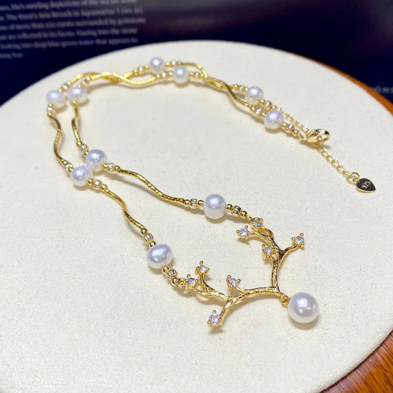 18K Gold Plated Handmade Perfect Natural Freshwater Pearl Bead Necklace Branch Shape Round Pearl Necklace for Women