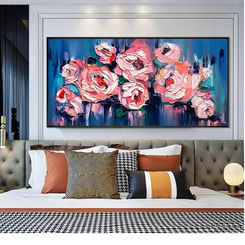 Handmade Palette Knife Rose Designs Textured Abstract Canvas Flower Oil Painting