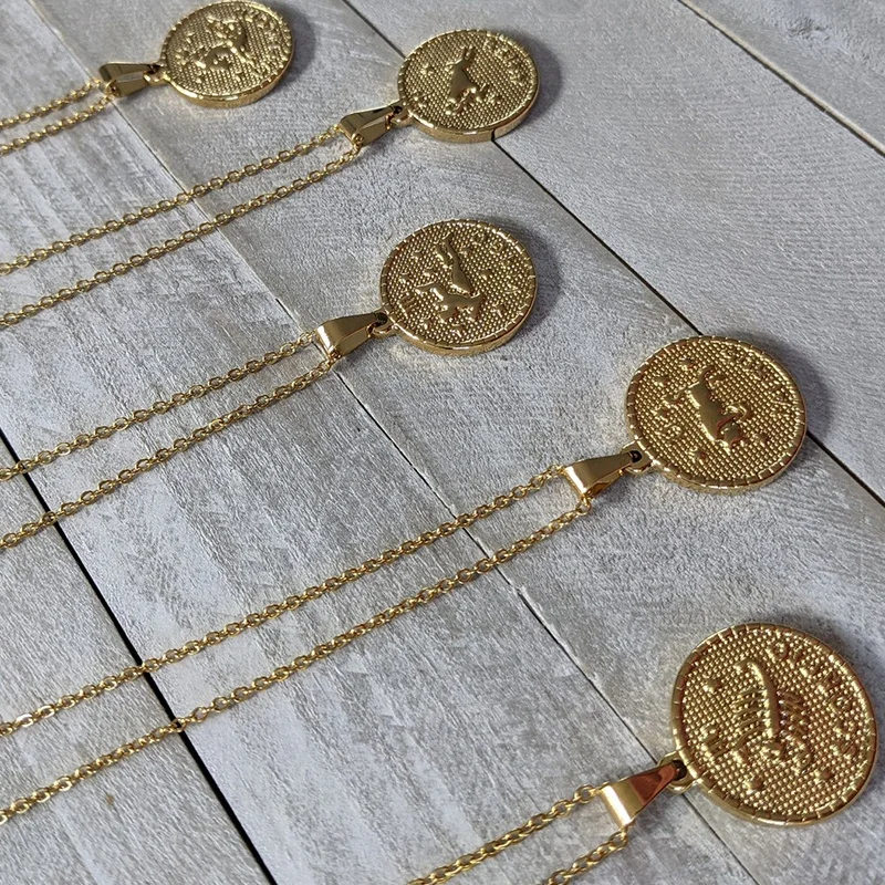 High Quality Women Jewelry 18K Gold Plated Disc Coin Stainless Steel Horoscope Zodiac Pendant Necklace For Women