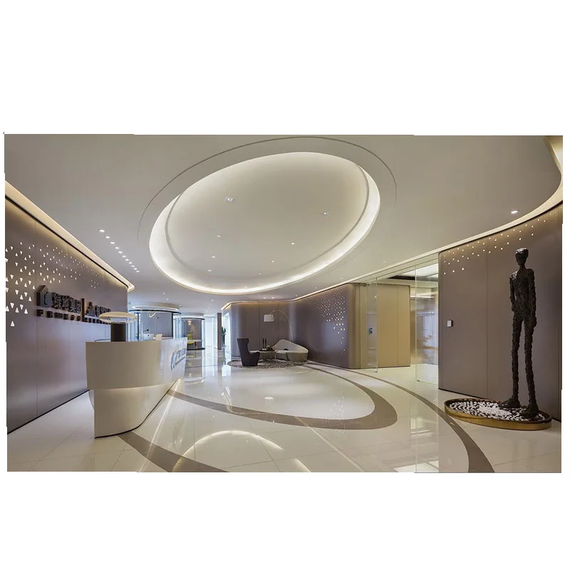 Curved streamlined office front desk display cabinet design, customized reception display rack, wooden island cabinet