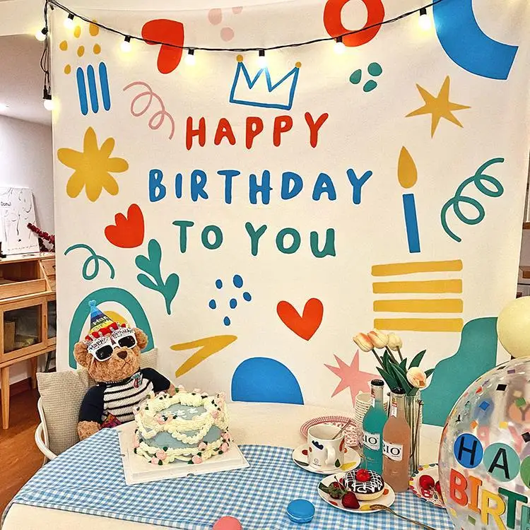 custom printed polyester happy birthday tapestry wall hanging