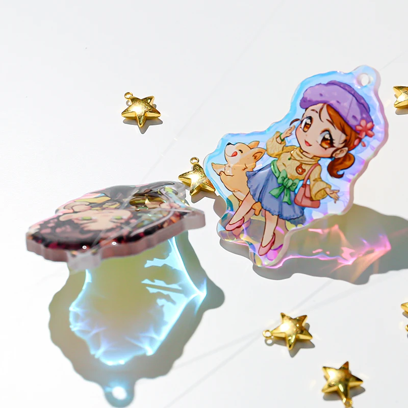 Juno creative  glitter epoxy colored charms clear double sided printing keychain holographic holo rainbow acrylic charm