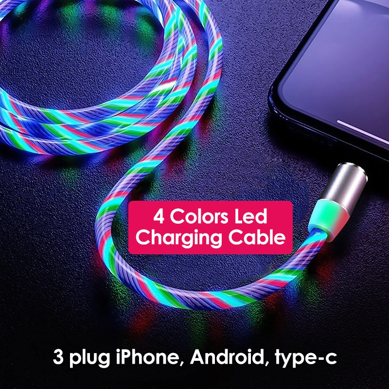 
2.4a Current Output 1 Cable With 3 Magnetic Head Magnetic Data Line Usb Charger Light Led Type C Cable 