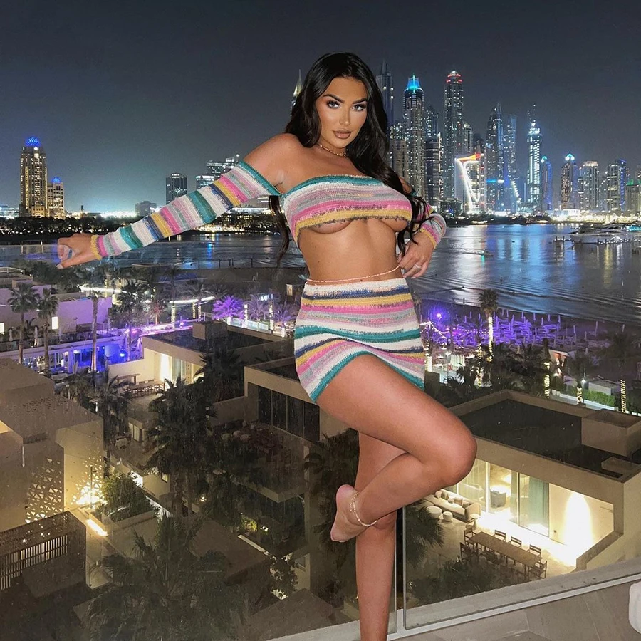 Sexy summer knit two pieces skirt set with off shoulder long sleeve knitted crop top and mini knitted skirt