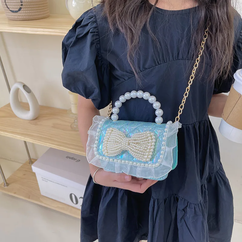 JOWYAR Fashion Girls Mini Handbags Pearl Chain Crossbody Bag For Girls Shoulder Bags Candy Colors bowknot Jelly Bag Kids Girls