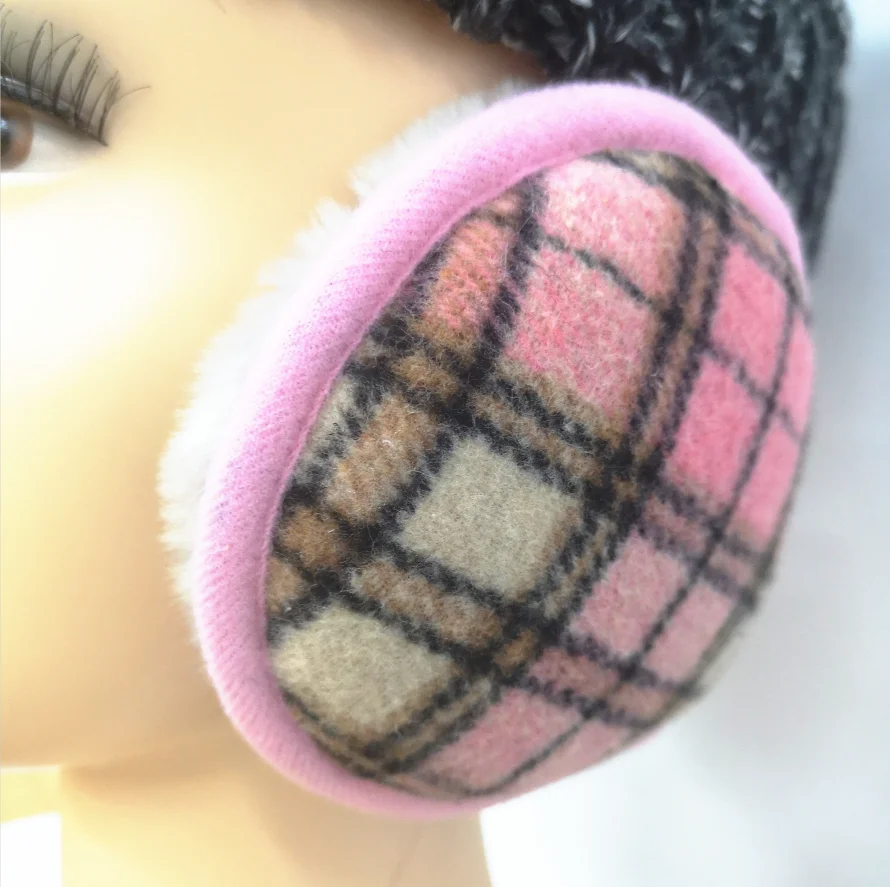 Высококачественные шерстяные меховые наушники в клетку, Зимние теплые наушники