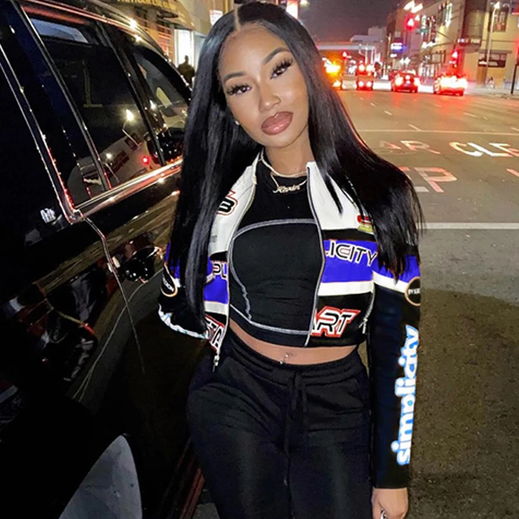 Latest Stylish Outerwear Zipper Up Jacket Long Sleeve Winter Coat For Women Letter Print Contrast Color Ladies Short Coats