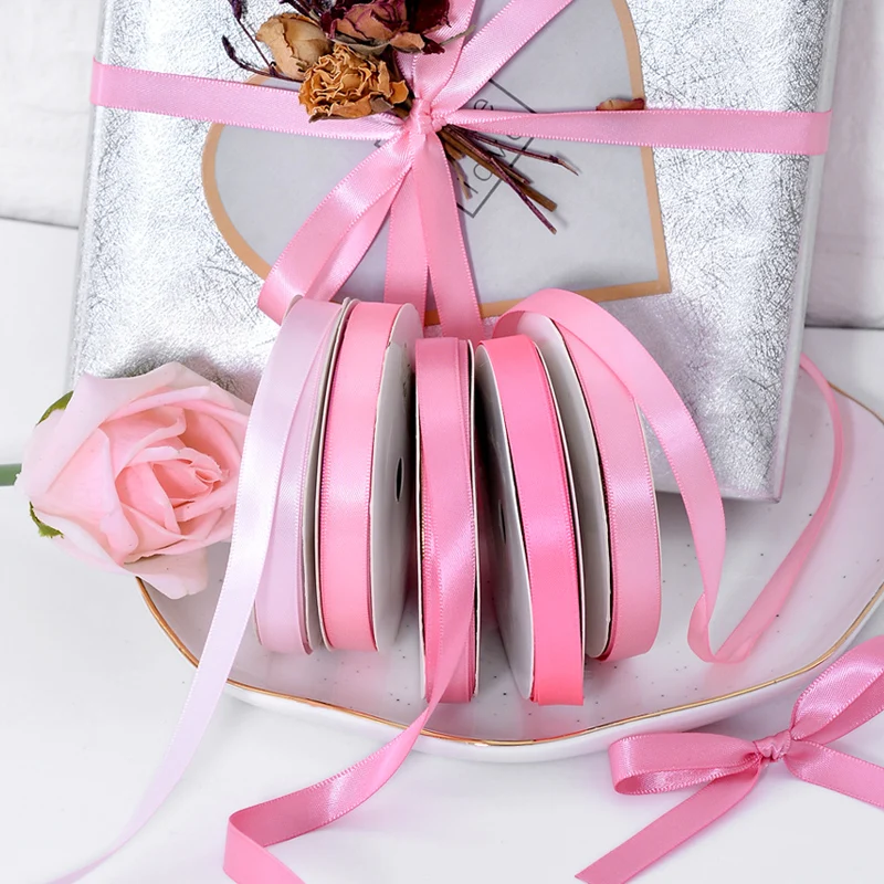 Ribest 9mm Pink Polyester Double Face Satin Ribbon For Gift Boxes Packaging Hair Bows Wholesale
