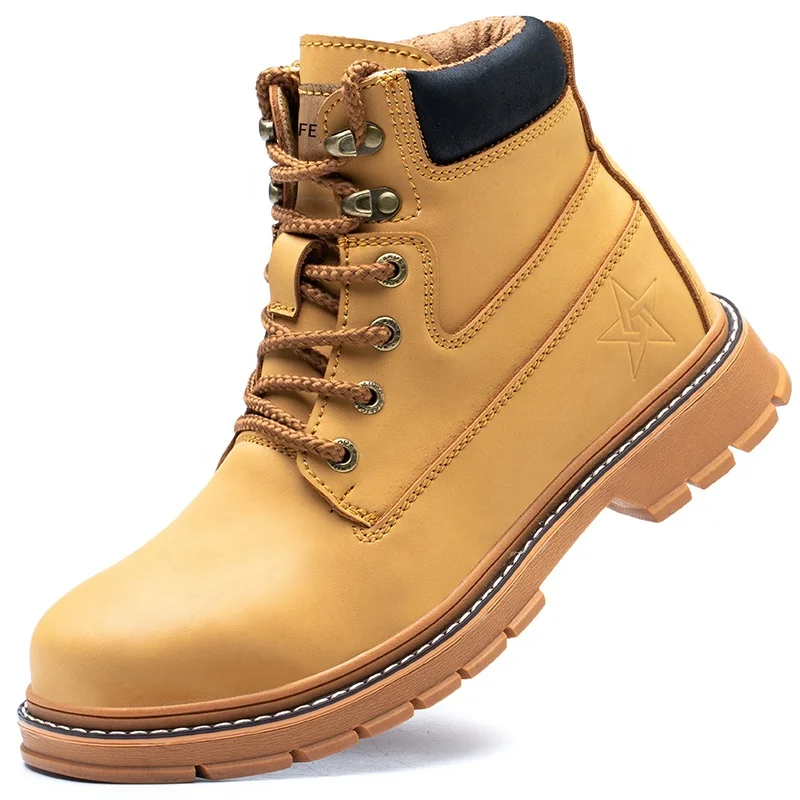S3 security leather waterproof goodyear rubber soles work boots industry used steel toe brown cap safety shoes without no lace