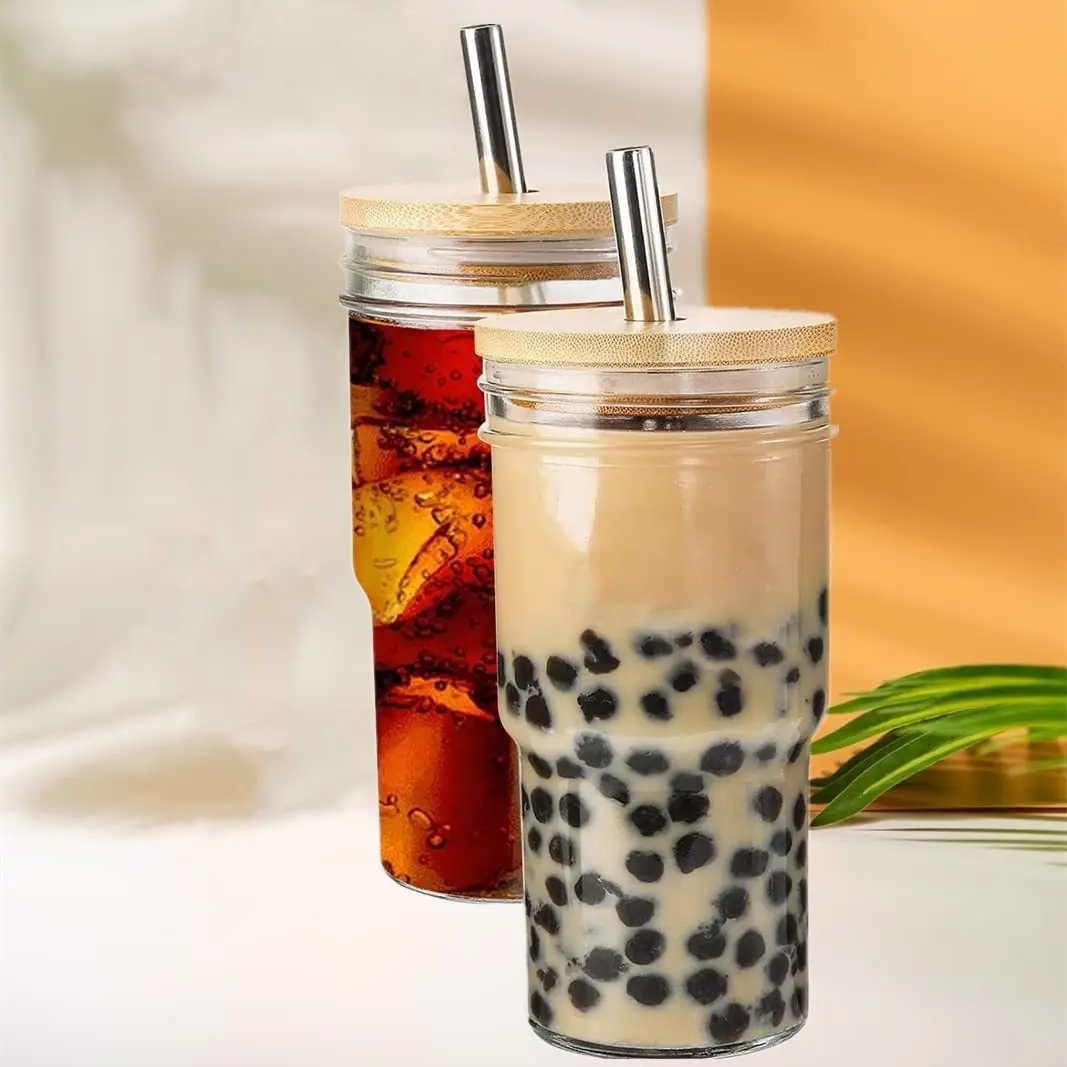New Arrival 24oz clear frosted glass coffee beer Mug Cup with Bamboo Lids and plastic straw