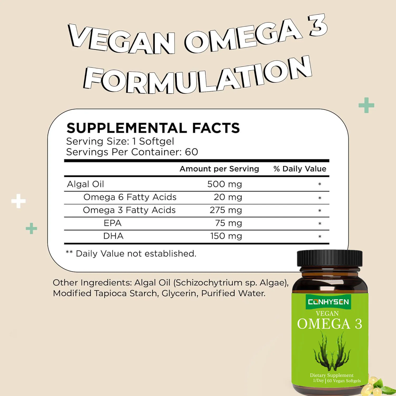 Private Label Algal Oil Omega 3 Omega 6 Vegan DHA EPA Vegan Omega 3 Softgel Capsules Support Heart Brain Health & Joint Mobility