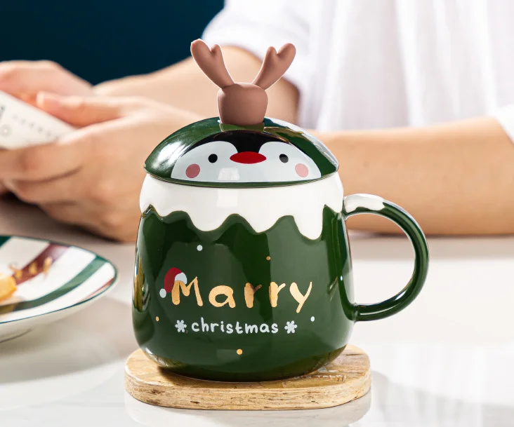 Creative Christmas Mug Cup With Spoon Cute Elk Christmas Cup Ceramic Coffee cup with lid for Christmas present