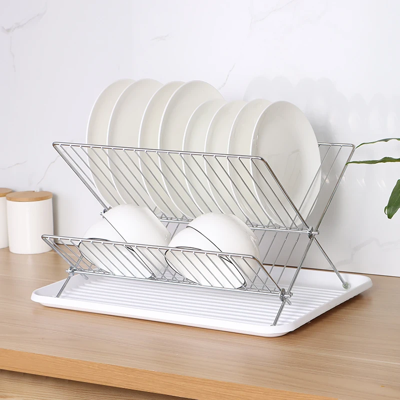 Kitchen Folding Dish Rack Holder Plate Storage Chrome Plate  Detachable Organization with Drain Tray