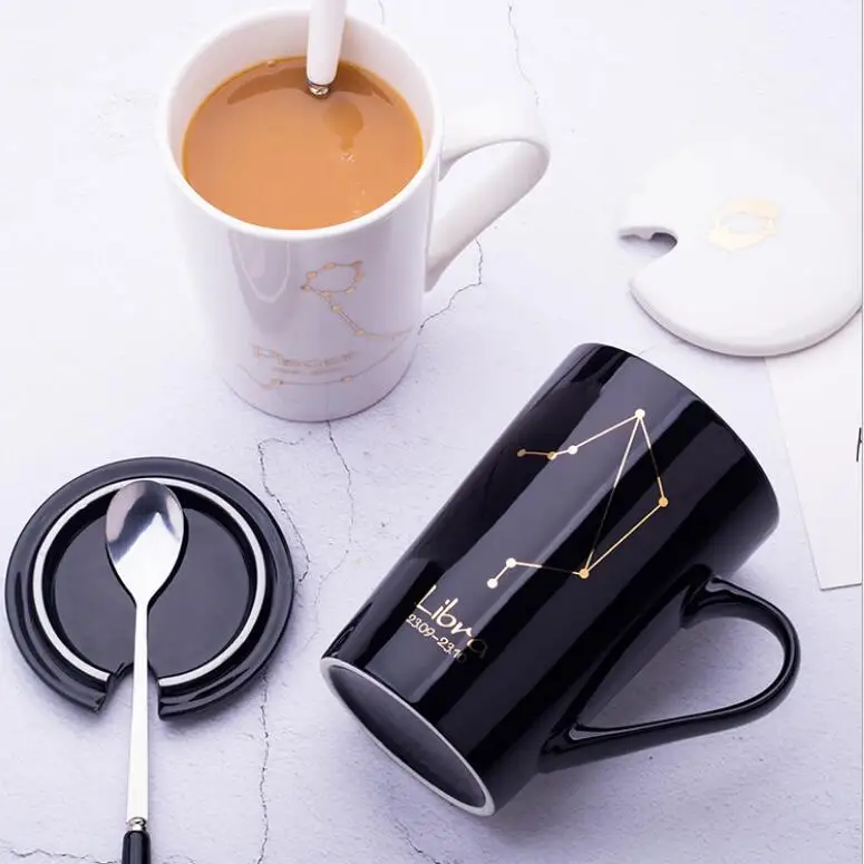16oz 450ML black and white color constellation ceramic mug coffee cup with lids and spoons