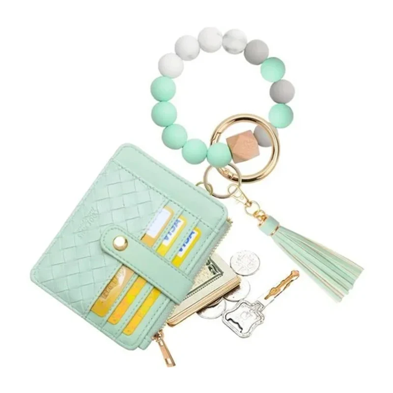 Women Fashion Money Bag Wallet Card Bag Keychain Wristlet PU Leather Tassel Key Ring Silicone Bead Bracelet Card Holder Pouch