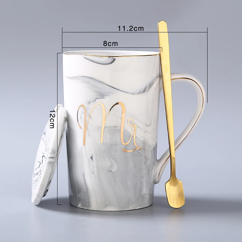 M025 High Quality Wholesale Custom couple mr and mrs set of 2 marble ceramic coffee cup mugs gift box set with lids and spoons