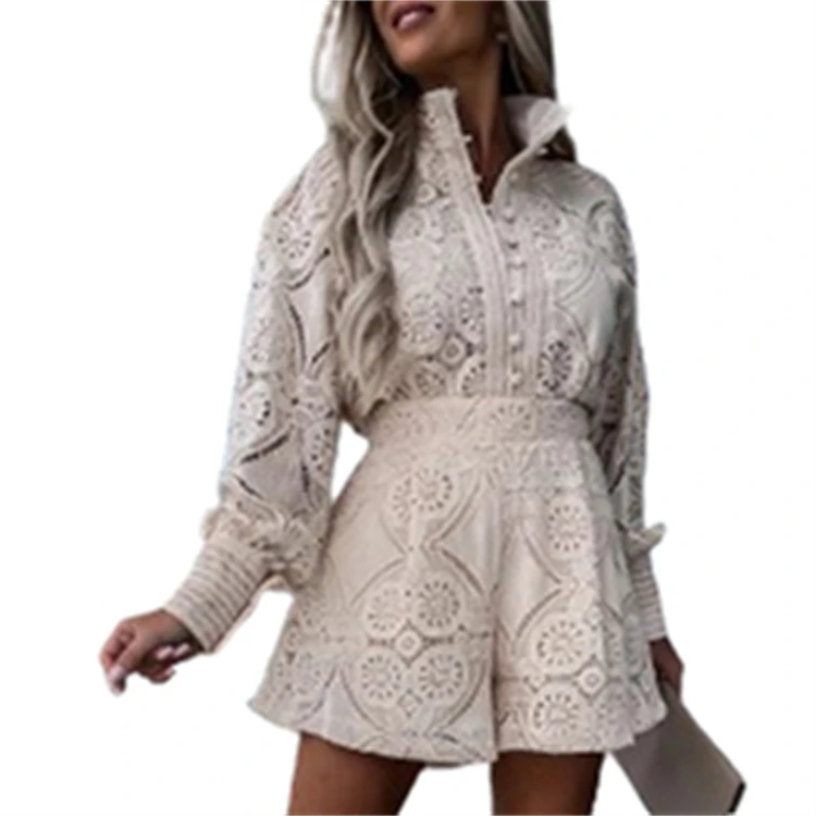 Summer New Arrival Fashion Long Sleeve Lace Shirt Shorts Set Casual Loungewear Women Sets Two Piece Set Women Clothing