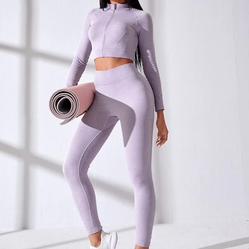 Women Seamless Yoga Gym Active wear Set Women Sportswear 2 Pieces Crop Top Jacket And Leggings Sets Jogging Sweatsuits