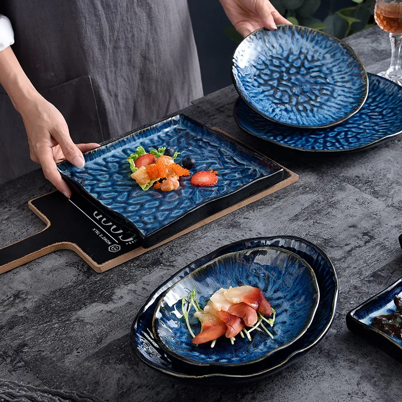 Wholesale luxury new products, blue relief plates, modern design ceramic kiln turned ceramic tableware