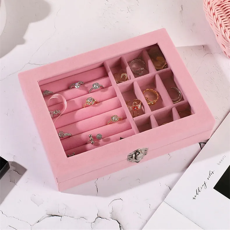 Large Capacity Pink Tray Transparent Showcase Ring Luxury Display Velvet jewelry Storage Box jewelry Organizer