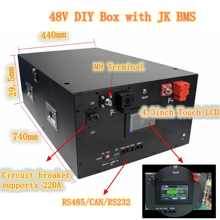 LiFePO4 DIY наборы 48 В 51 2 15Kwh пустой корпус батареи может добавить JK PB2A16S20P инвертор BMS 4 3 дюймов сенсорный ЖК-дисплей металлическая коробка