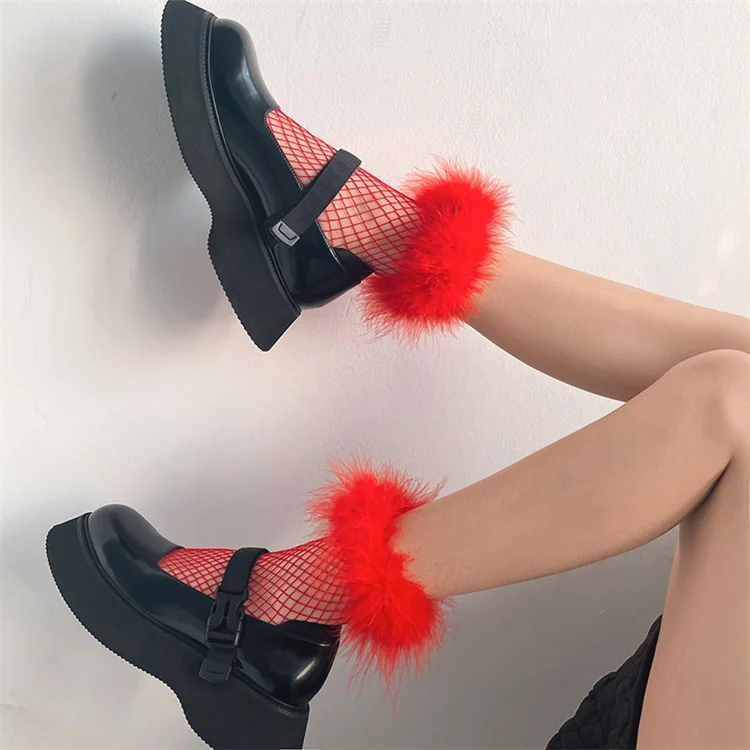 Women Furry Feather Crew Socks Hollow Out Colorful Fishnet Mesh Faux Fur Patchwork Trim Mid Tube Hosiery Cosplay Party Costume