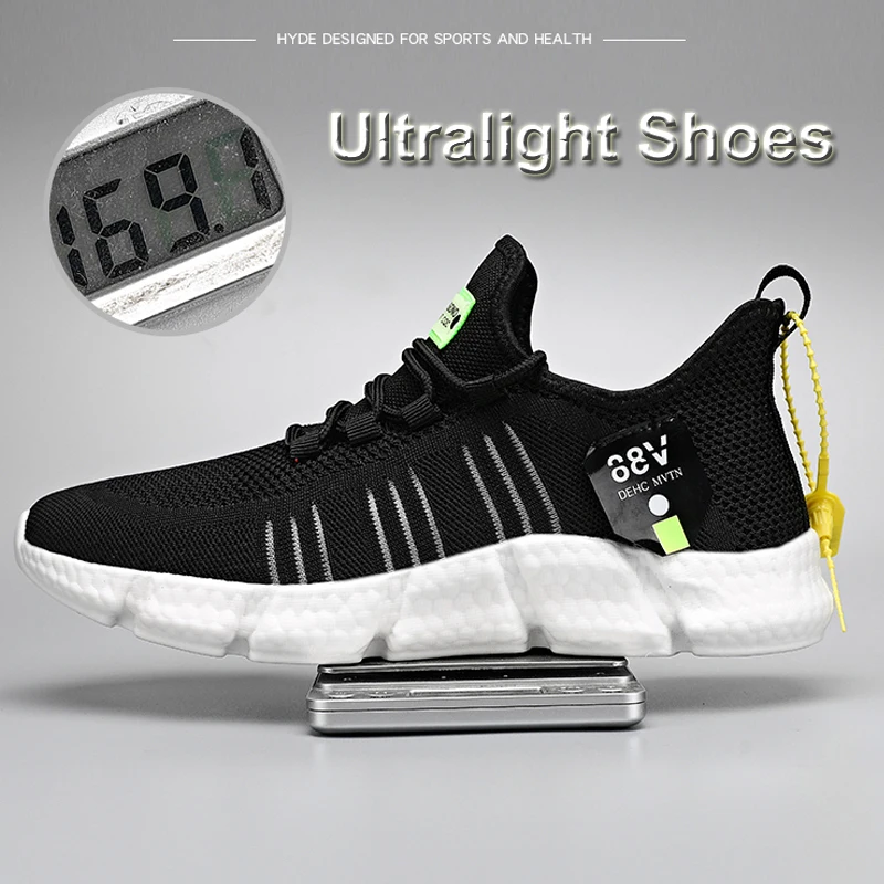 Fashion Men Running Shoes White Casual Shoes Male Knitted Flats Breathable Mesh Popcorn Sole Sneakers