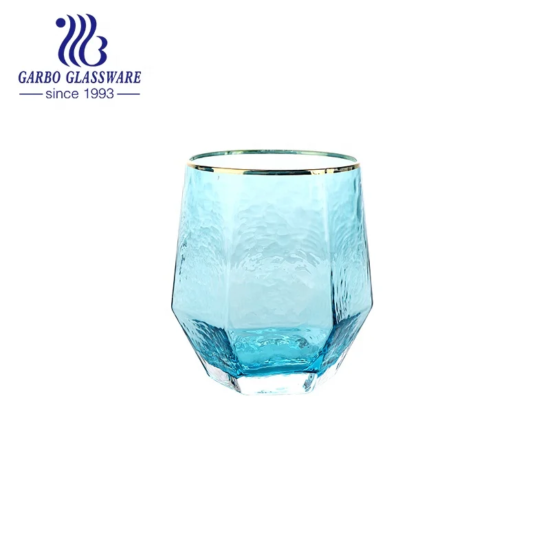 290ml solid orange color hexagonal handmade water glass with gold rim for gifts and souvenirs glass cup