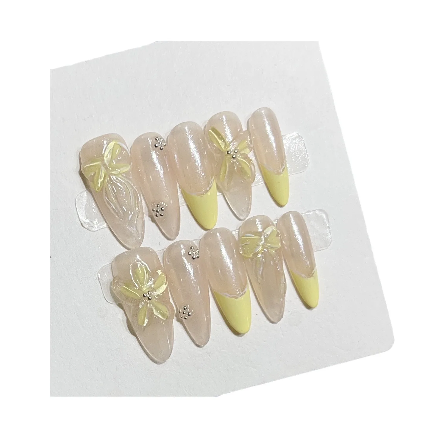 Acrylic Nails Wholesale Pure Handmade Nude Blooming 3D Yellow Ice Flowers Steel Ball Exquisite Custom Press On Nails