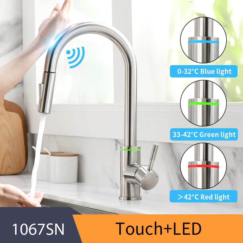 Hot sale sus304 Pull out Smart Touch Sensor Kitchen Faucet with LED 3 Way Water Saving Faucet Hot Cold Mixers Tap