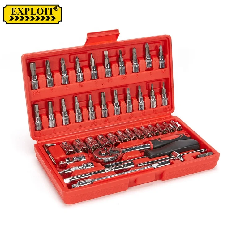 Hot Sales Heavy Duty Hand Tool Storage Boxes Portable 46 pcs Auto Car Repair Kit Ratchet Socket Wrench Tools Set Box
