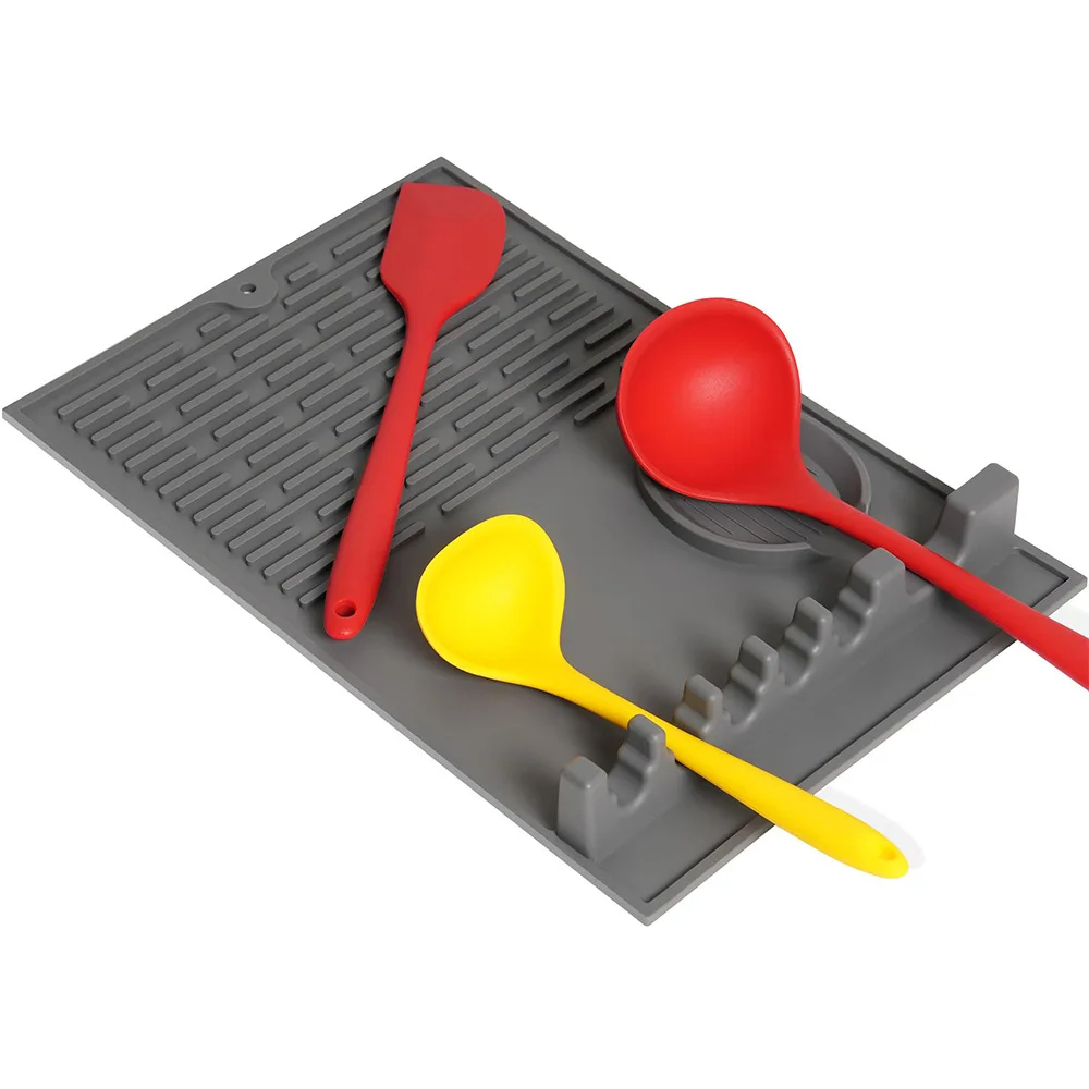 2 in 1 Silicone spoon mat stove side rack barbecue tray oil drain insulation mat easy to clean dustproof for black stone oven