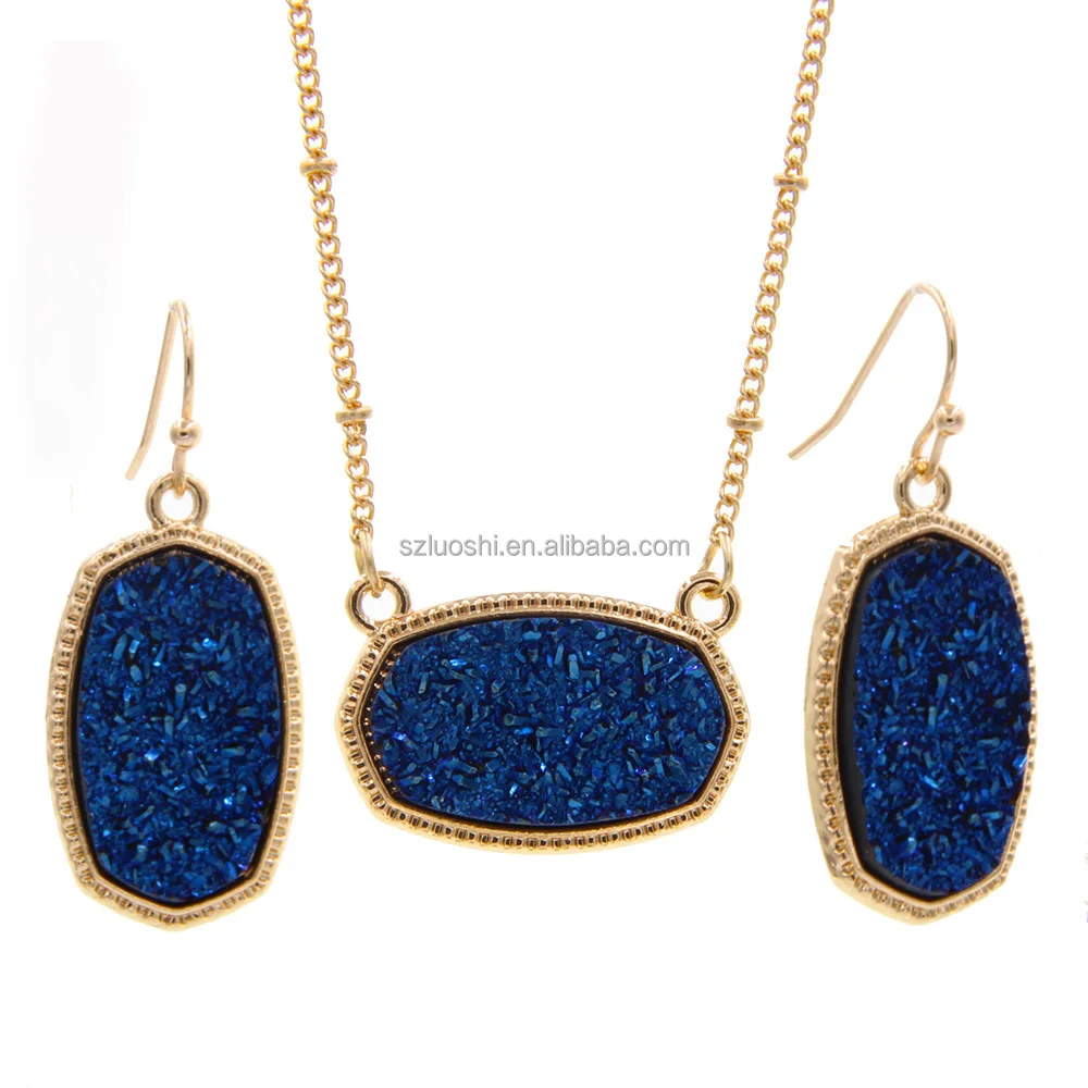 Drusy Elisa Pendant Necklace for Women Fashion Yellow Gold Plated Bead Chain Wedding Oval Hexagon Necklace Earrings Set