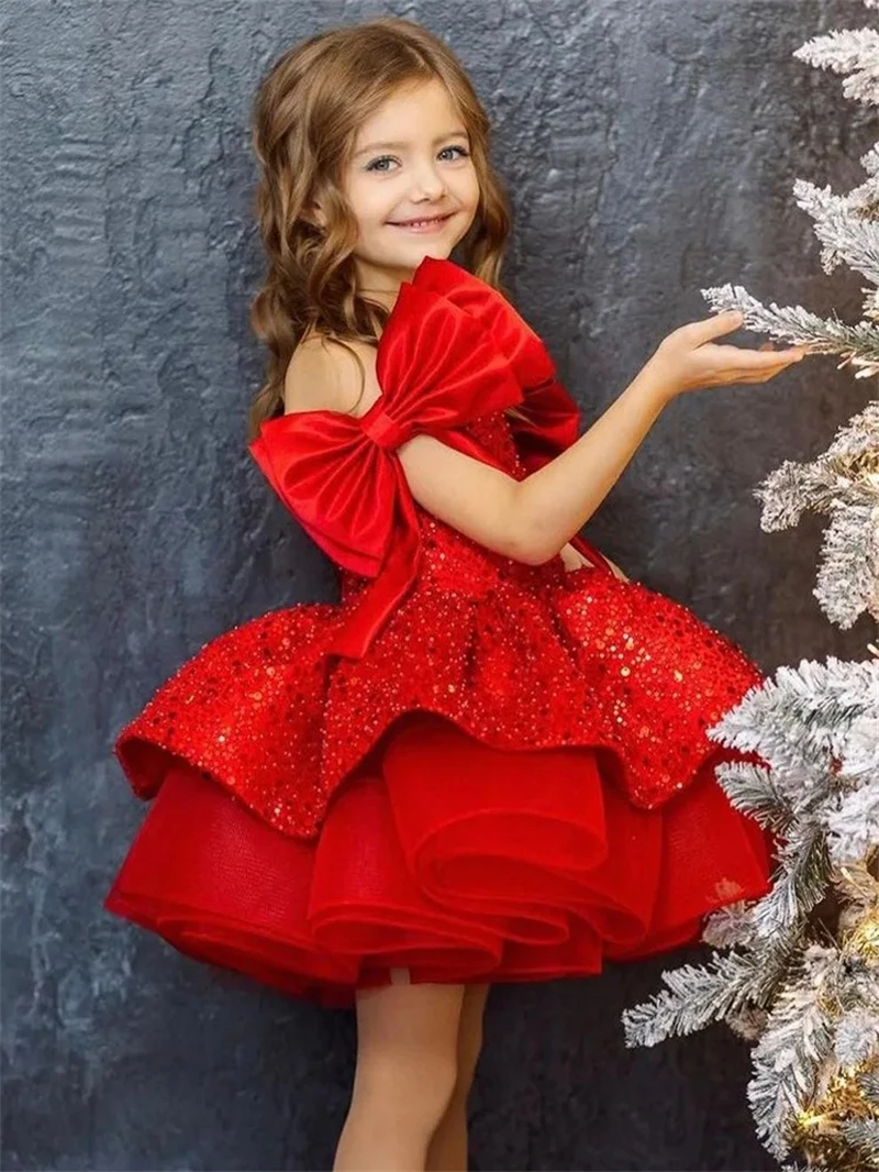 2024 Newest Children Christmas Party Prom Gown One Shoulder Bow Princess Sequin Puffy Dresses Baby Girls Ball Gown