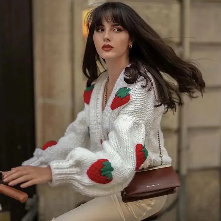 FYB Custom Handmade Strawberry Sweater Cardigan Cropped Sweater Puff Sleeve Crochet Cardigan Women